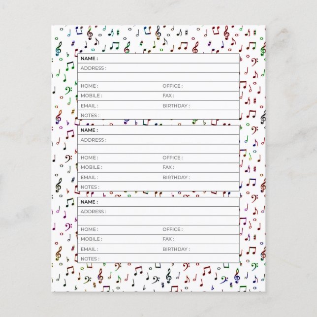 Colourful music address book page (Front)