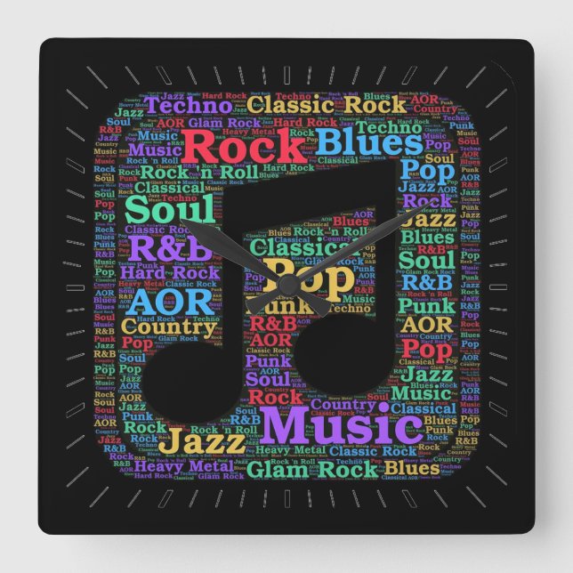 Colourful Music Genres Square Wall Clock (Front)