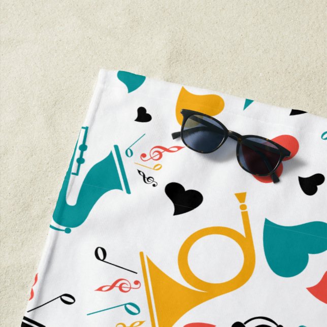 Colourful Music Instruments Note & Hearts Pattern Beach Towel (In Situ)