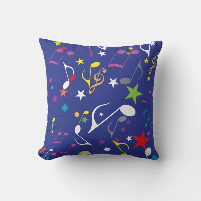 Colourful Music Notes on Blue Cushion (Front)