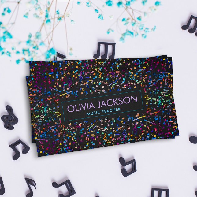 Colourful Music Notes pattern on black Business Card (Creator Uploaded)