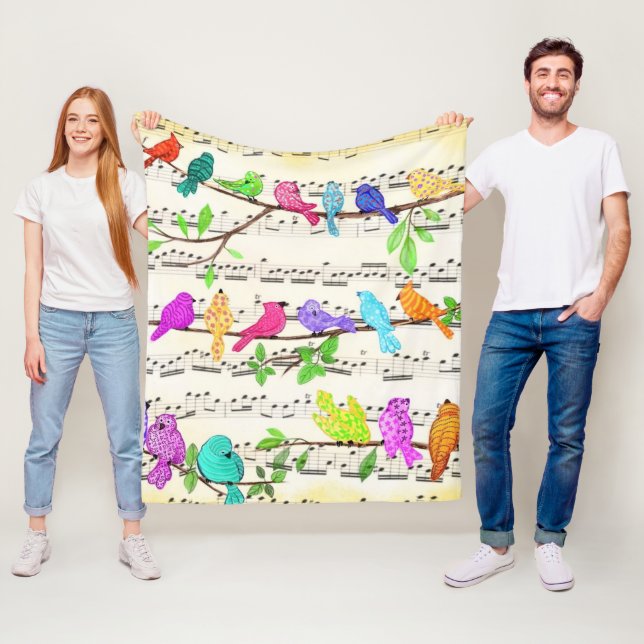  Colourful Musical Birds Fleece Blankes Blanket (In Situ)