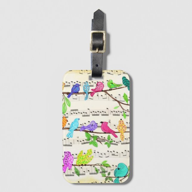 Colourful Musical Birds Luggage Tag (Front Vertical)