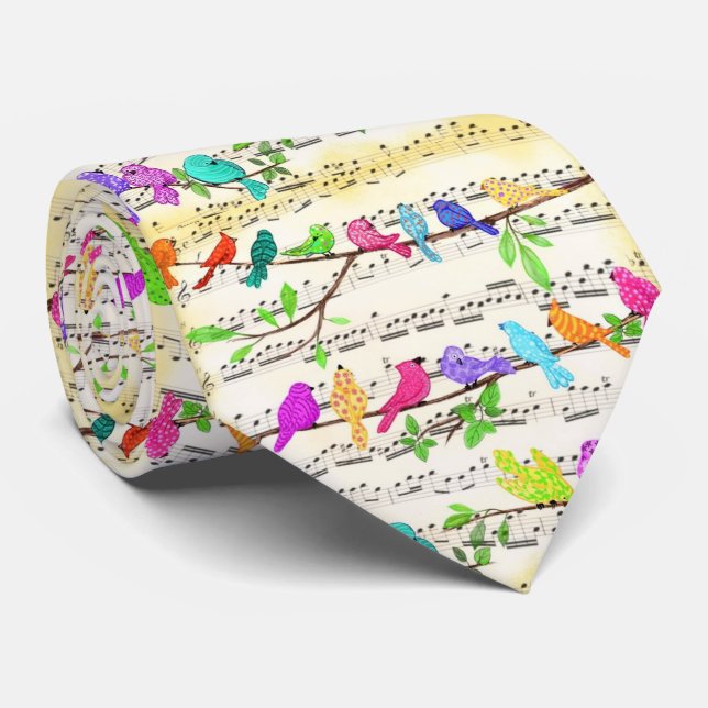 Colourful Musical Birds Neck Tie (Rolled)