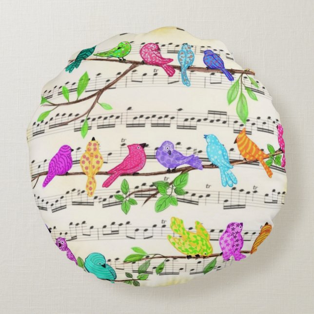 Colourful Musical Birds Round Pillow Spring (Back)
