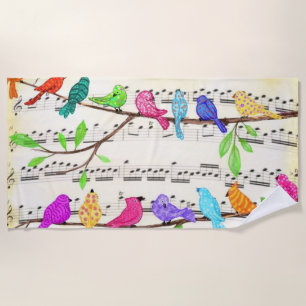 Colourful Musical Birds Symphony Beach Towel