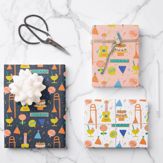 Colourful musical birthday party wrapping paper sheet (Front)