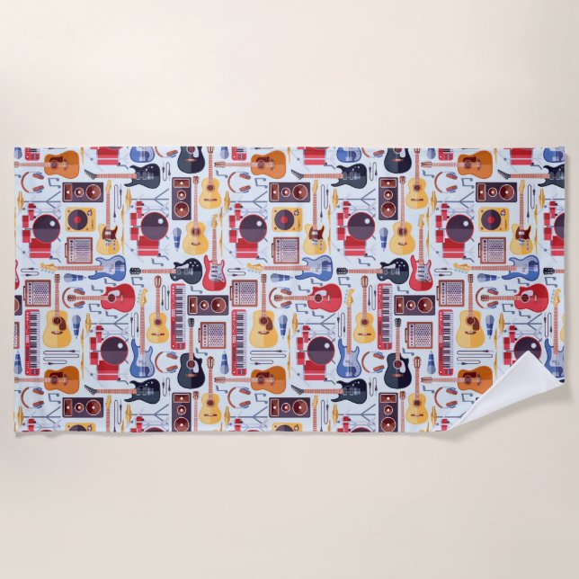 Colourful musical instruments pattern beach towel (Front)