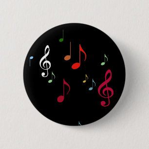 colourful musical notes on black 6 cm round badge