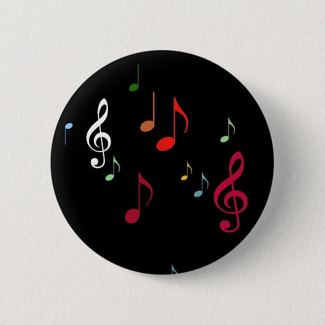 colourful musical notes on black 6 cm round badge (Front)