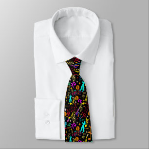 Colourful musical notes pattern on black tie