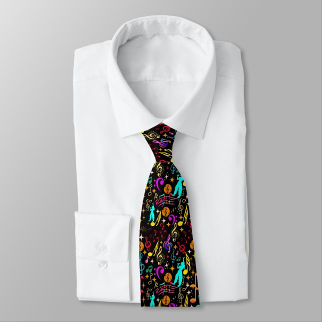 Colourful musical notes pattern on black tie (Tied)