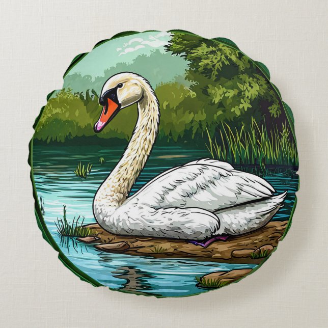 Colourful Mute swan Bird Round Cushion (Front)