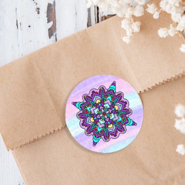 Colourful Mystical Mandala in Purple and Blue Classic Round Sticker (Creator Uploaded)
