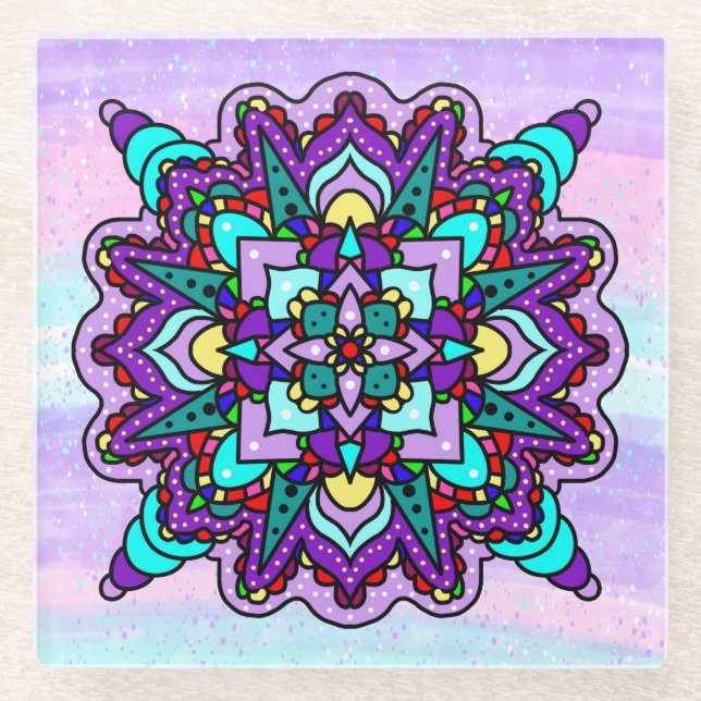 Colourful Mystical Mandala in Purple and Blue Glass Coaster (Front)