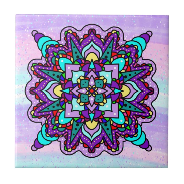Colourful Mystical Mandala in Purple and Blue Tile (Front)