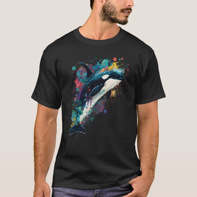Colourful mystical orca whale watching dolphin pot T-Shirt (Front)
