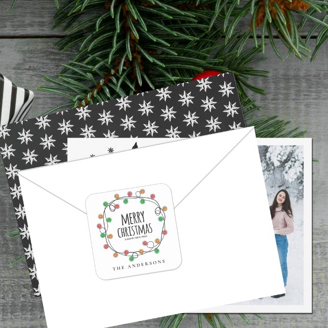 Colourful Name Christmas Lights Merry Christmas Square Sticker (Colorful Name Christmas Lights Merry Christmas Square Sticker)
