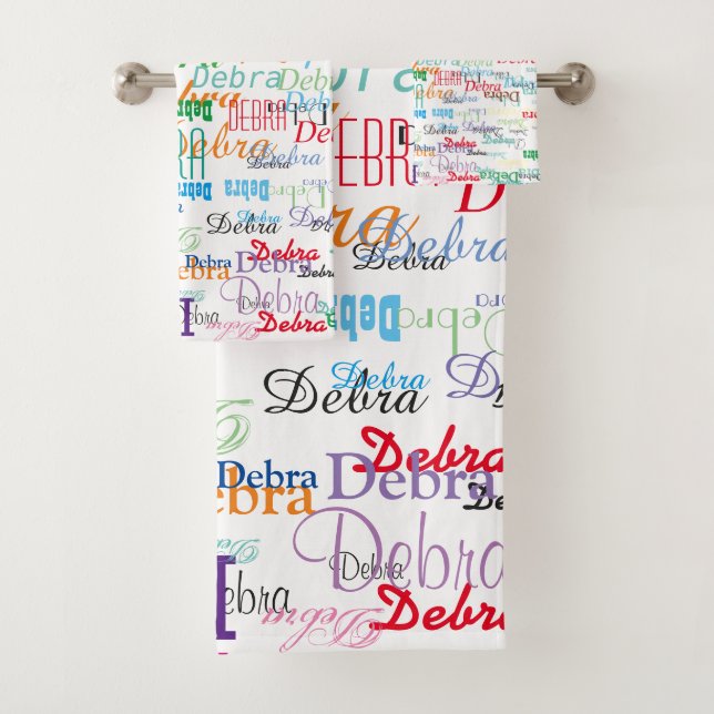 Colourful Name Pattern on White Bath Towel Set (Insitu)