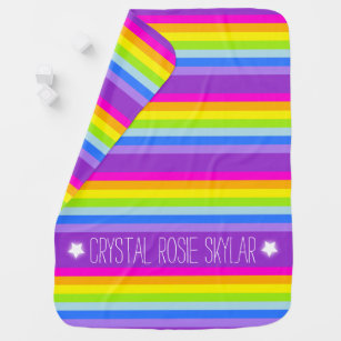 Colourful name rainbow stripes purple baby blanket