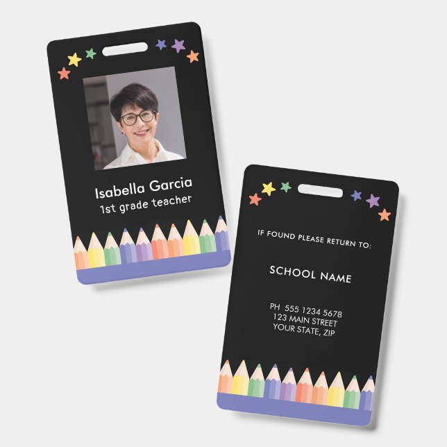 Colourful Name School Teacher badge ID Badge (Front & Back)