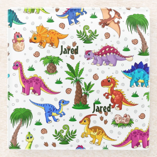 Colourful Name Seamless Pattern Dinosaur Glass Coaster (Front)