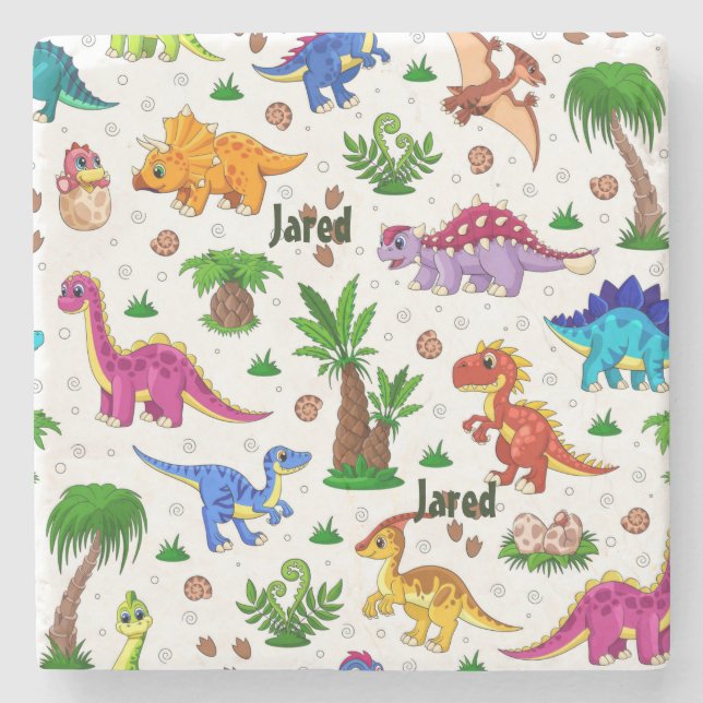 Colourful Name Seamless Pattern Dinosaur Stone Coaster (Front)