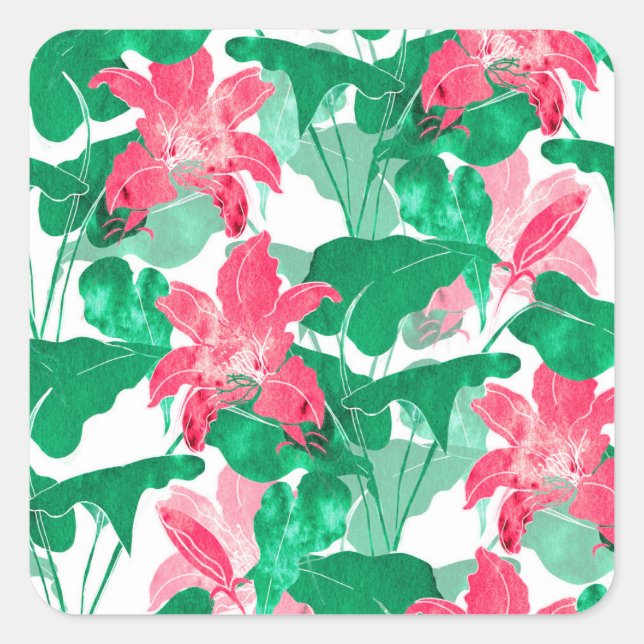Colourful Nature Flowers Leaves Pattern Square Sticker (Front)