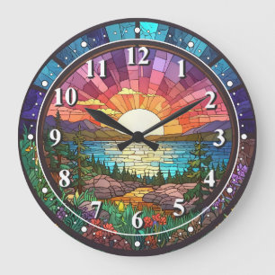 Colourful Nature Sunset Faux Stained Glass Mosaic Large Clock