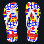 Colourful Nautical Signal Flags Red Name Monogram Jandals<br><div class="desc">Colourful Nautical Signal Flags With Red Name Monogram Ribbon Label Customise this with your name, monogram or other text. You can also change the font, change font size and font colour, move the text, add additional text fields, etc. Want to see this in another colour combination? Just drop us an...</div>