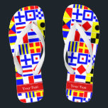Colourful Nautical Signal Flags Red Name Monogram Jandals<br><div class="desc">Colourful Nautical Signal Flags With Red Name Monogram Ribbon Label Customise this with your name, monogram or other text. You can also change the font, change font size and font colour, move the text, add additional text fields, etc. Want to see this in another colour combination? Just drop us an...</div>
