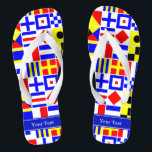 Colourful Nautical Signal Flags Royal Name Monogra Jandals<br><div class="desc">Colourful Nautical Signal Flags With Royal Blue Name Monogram Ribbon Label Customise this with your name, monogram or other text. You can also change the font, change font size and font colour, move the text, add additional text fields, etc. Want to see this in another colour combination? Just drop us...</div>