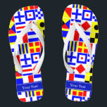 Colourful Nautical Signal Flags Royal Name Monogra Jandals<br><div class="desc">Colourful Nautical Signal Flags With Royal Blue Name Monogram Ribbon Label Customise this with your name, monogram or other text. You can also change the font, change font size and font colour, move the text, add additional text fields, etc. Want to see this in another colour combination? Just drop us...</div>