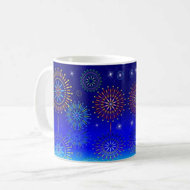 Colourful Navy Blue Christmas Firework Coffee Mug (Front Left)