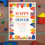Colourful Neighbourhood Kids' Birthday Invitation<br><div class="desc">Colourful neighbourhood birthday theme featuring border with illustrations of houses and buildings with pink,  blue,  red,  green,  orange,  and yellow colour palette.</div>