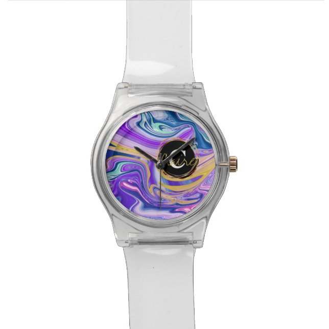 Colourful Neon Abstract Fluid Custom Name Monogram Watch (Close Up)