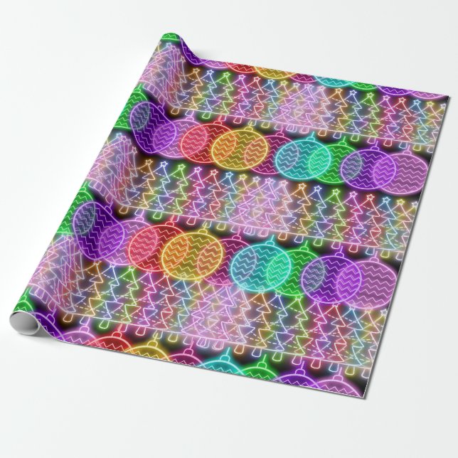 Colourful Neon Christmas Lights Wrapping Paper (Unrolled)