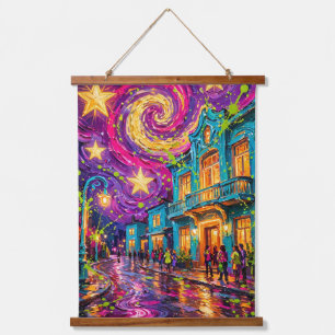 Colourful Neon Cityscape Swirling Starry Sky Hanging Tapestry