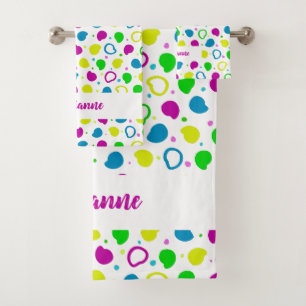 Colourful neon dots and shapes retro pattern bath towel set