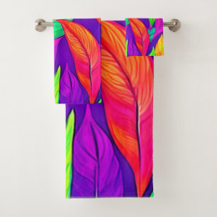 Colourful Neon Ethereal Leaves Pattern Bath Towel Set