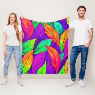 Colourful Neon Ethereal Leaves Pattern Fleece Blanket