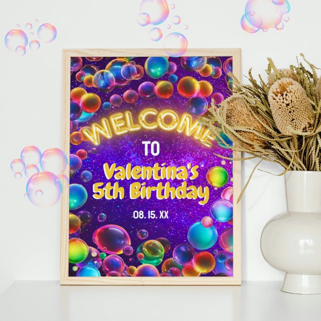 Colourful Neon Glow Bubbles Birthday Party Welcome Poster (Creator Uploaded)