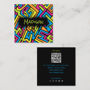 Colourful Neon Graffiti Art QR Code Social Media  Square Business Card
