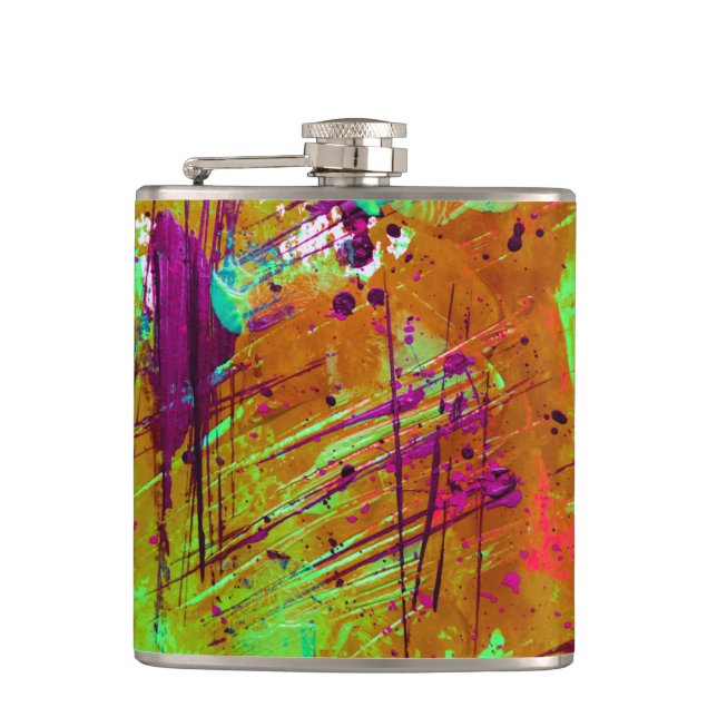 Colourful Neon Green Abstract Splatter Paint Hip Flask (Front)
