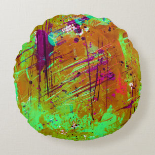 Colourful Neon Green Abstract Splatter Paint Round Cushion