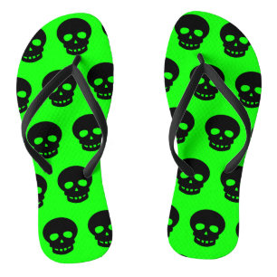 Colourful Neon Green Black Skulls Pattern Womens Jandals