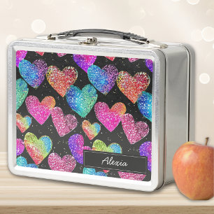 Colourful Neon Heart Print Name Metal Lunch Box