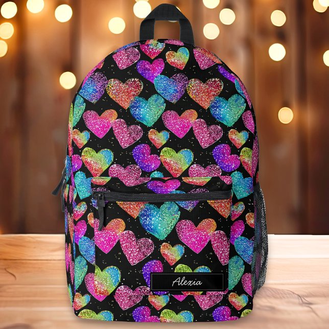 Colourful Neon Heart Print Name Printed Backpack (Creator Uploaded)
