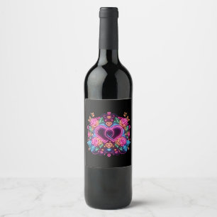 Colourful neon heart Valentine's day  Wine Label