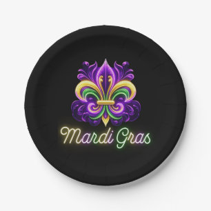 Colourful Neon Mardi Gras Fleur de lis Paper Plate